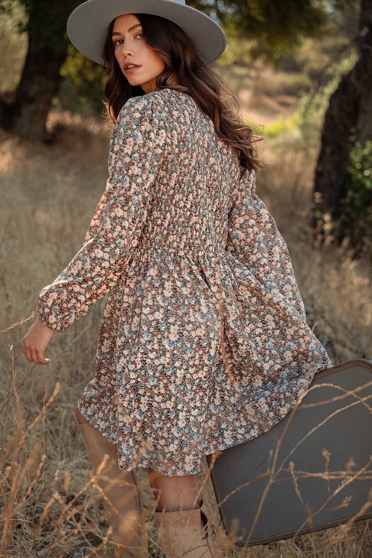 Vintage Flower Print Smocking Detail Mini Dress