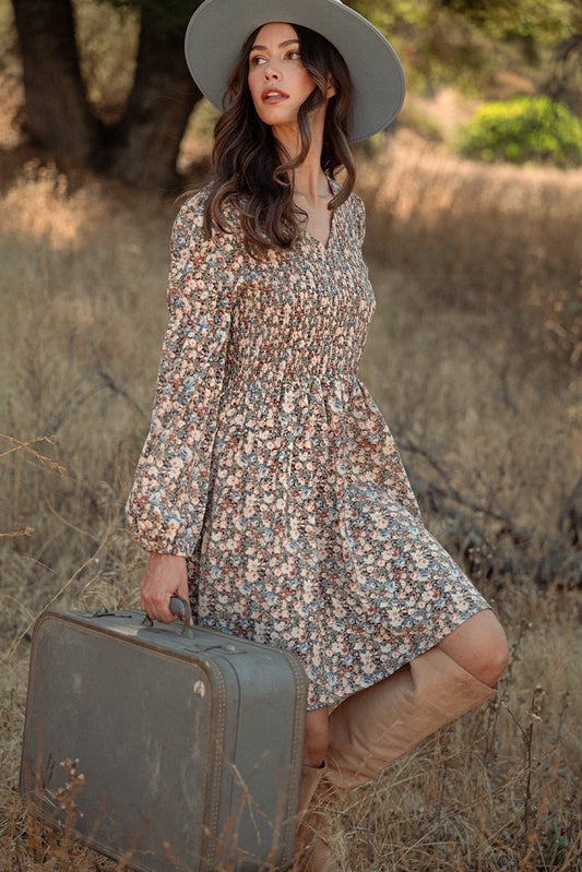 Vintage Flower Print Smocking Detail Mini Dress