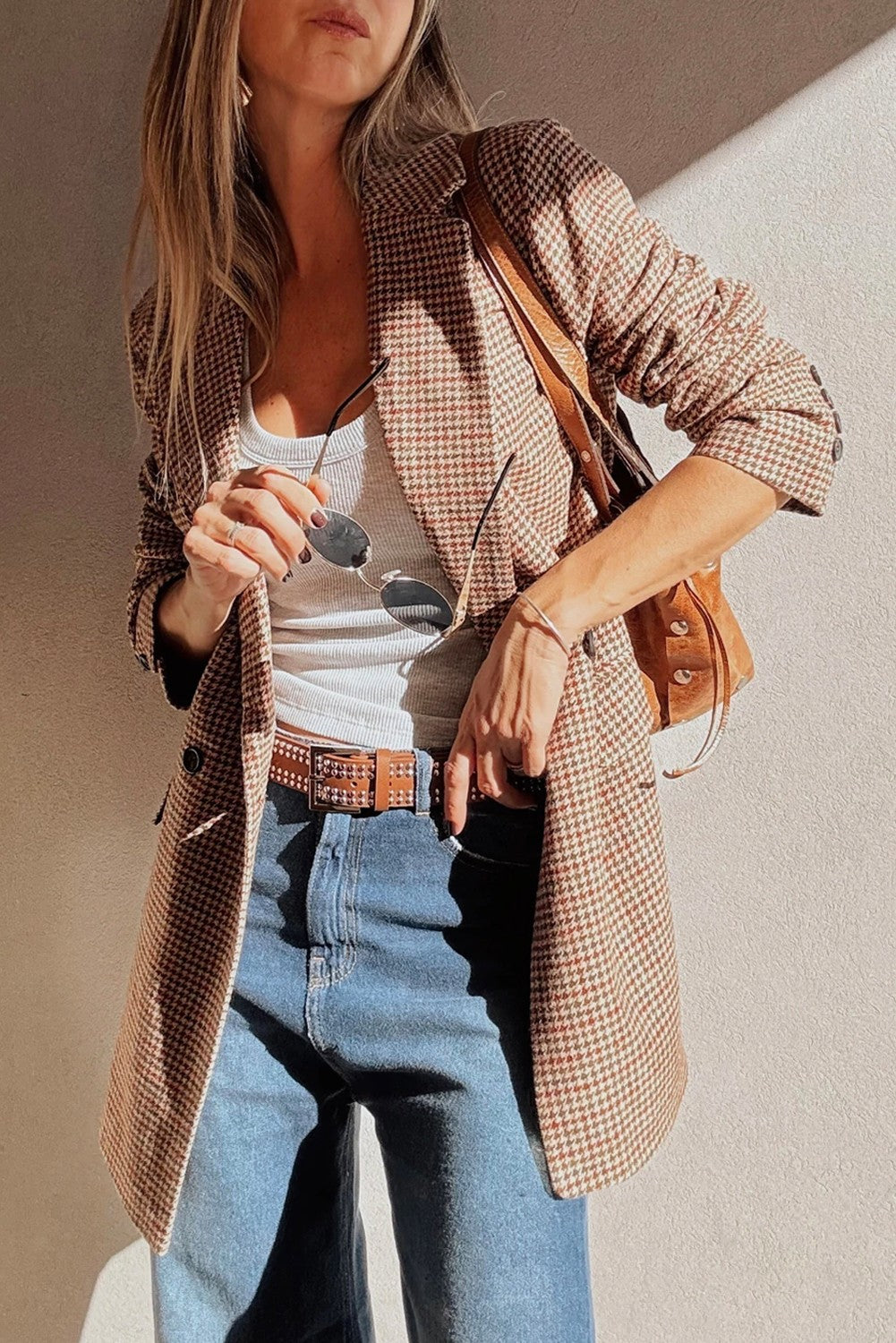 Houndstooth Lapel Collar Blazer