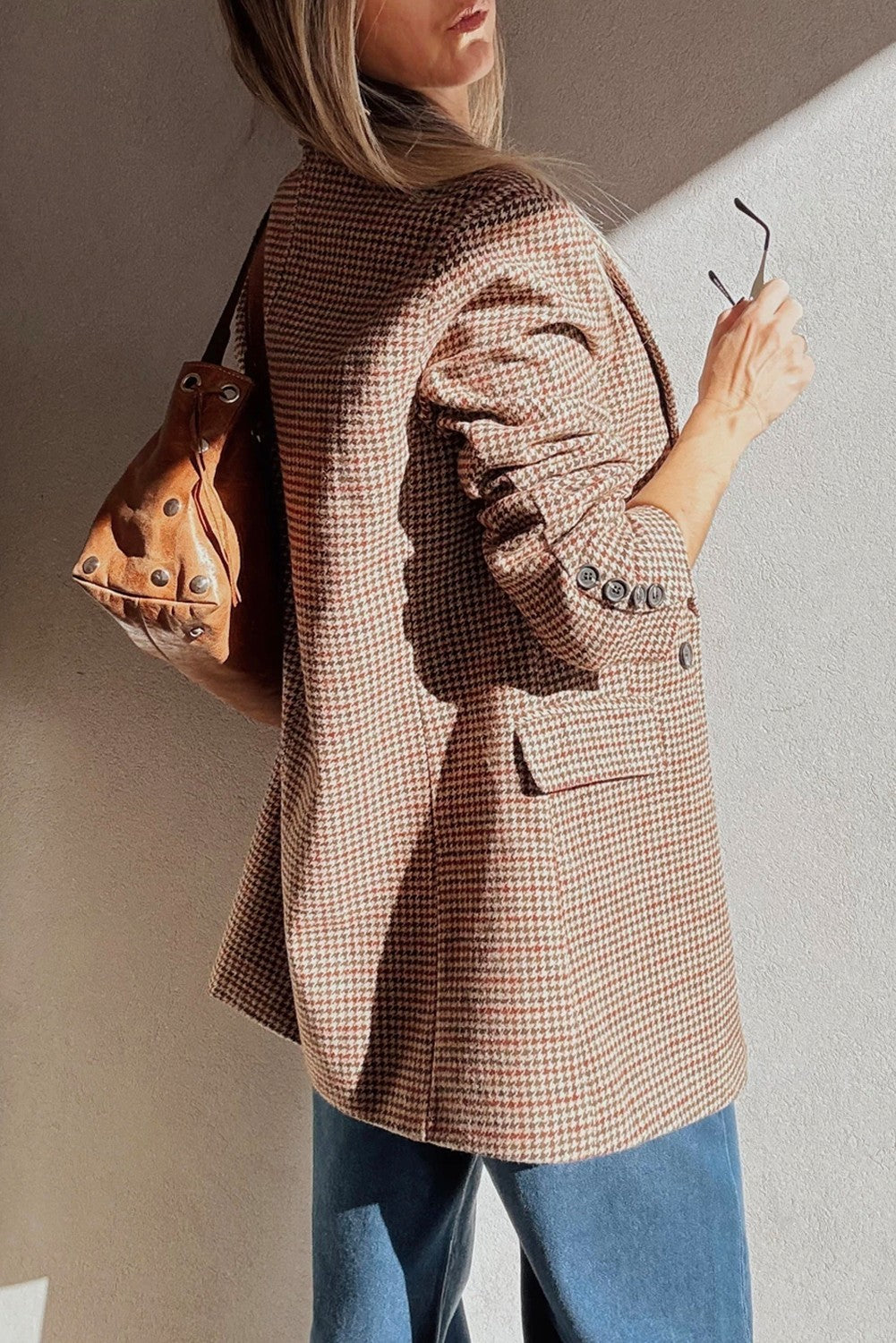 Houndstooth Lapel Collar Blazer