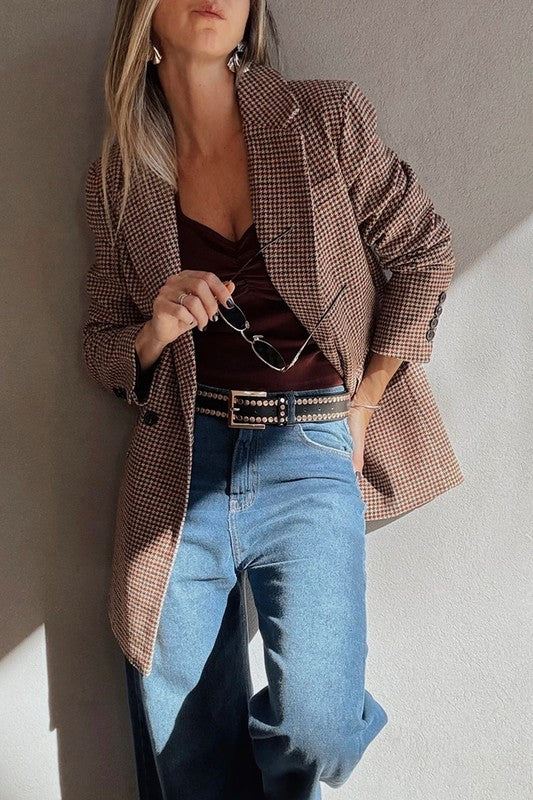 Houndstooth Lapel Collar Blazer