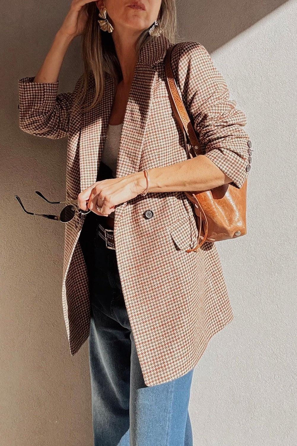 Houndstooth Lapel Collar Blazer