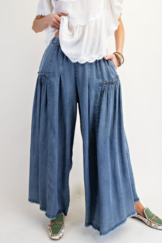 Washed Wide Leg Palazzo Chambray Pants - Dark Denim
