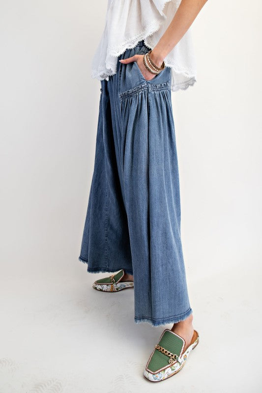 Washed Wide Leg Palazzo Chambray Pants - Dark Denim