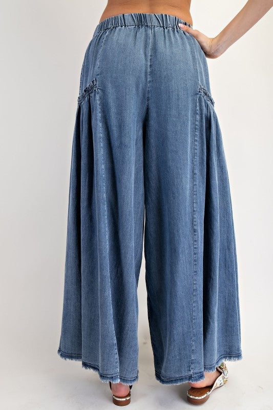 Washed Wide Leg Palazzo Chambray Pants - Dark Denim