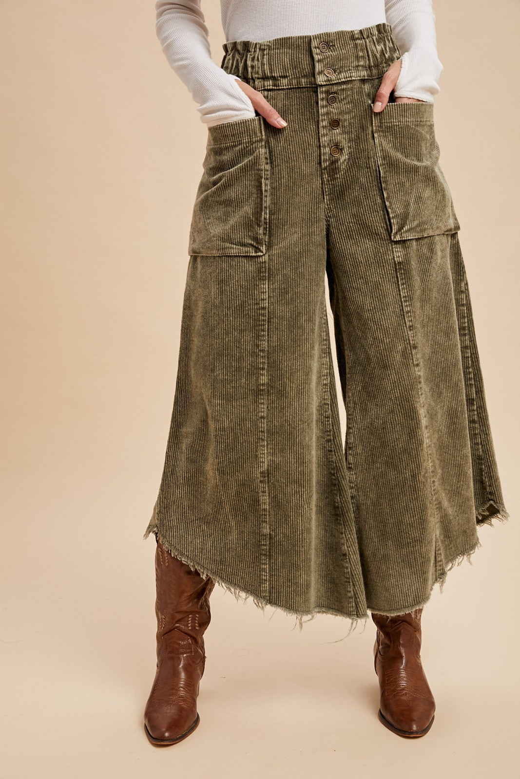 Mineral Wash Cropped Fray Hem Corduroy Wide Pants - Olive