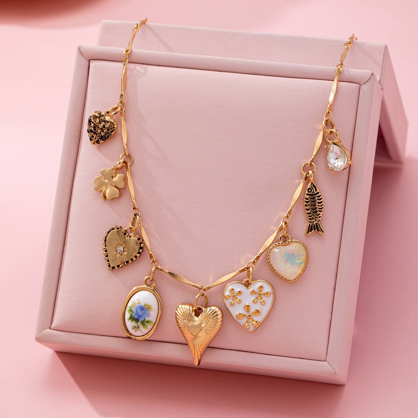 Charm Necklace - Hearts Porcelain Fish Rhinestone