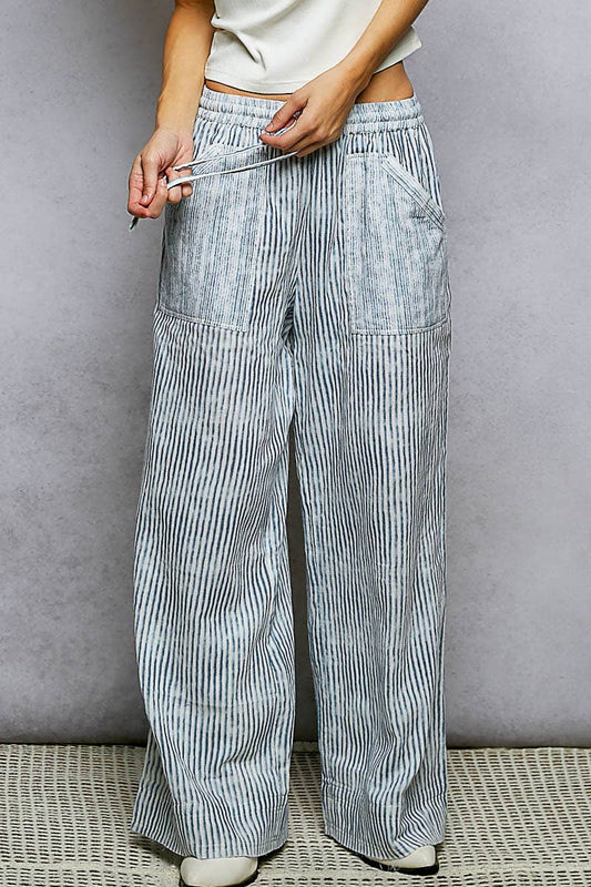 Striped Big Pocket Waist Band Straight Fit Pants