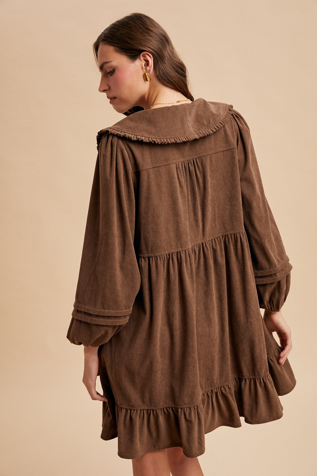Corduroy Wide Collar Babydoll Mini Dress - Brown