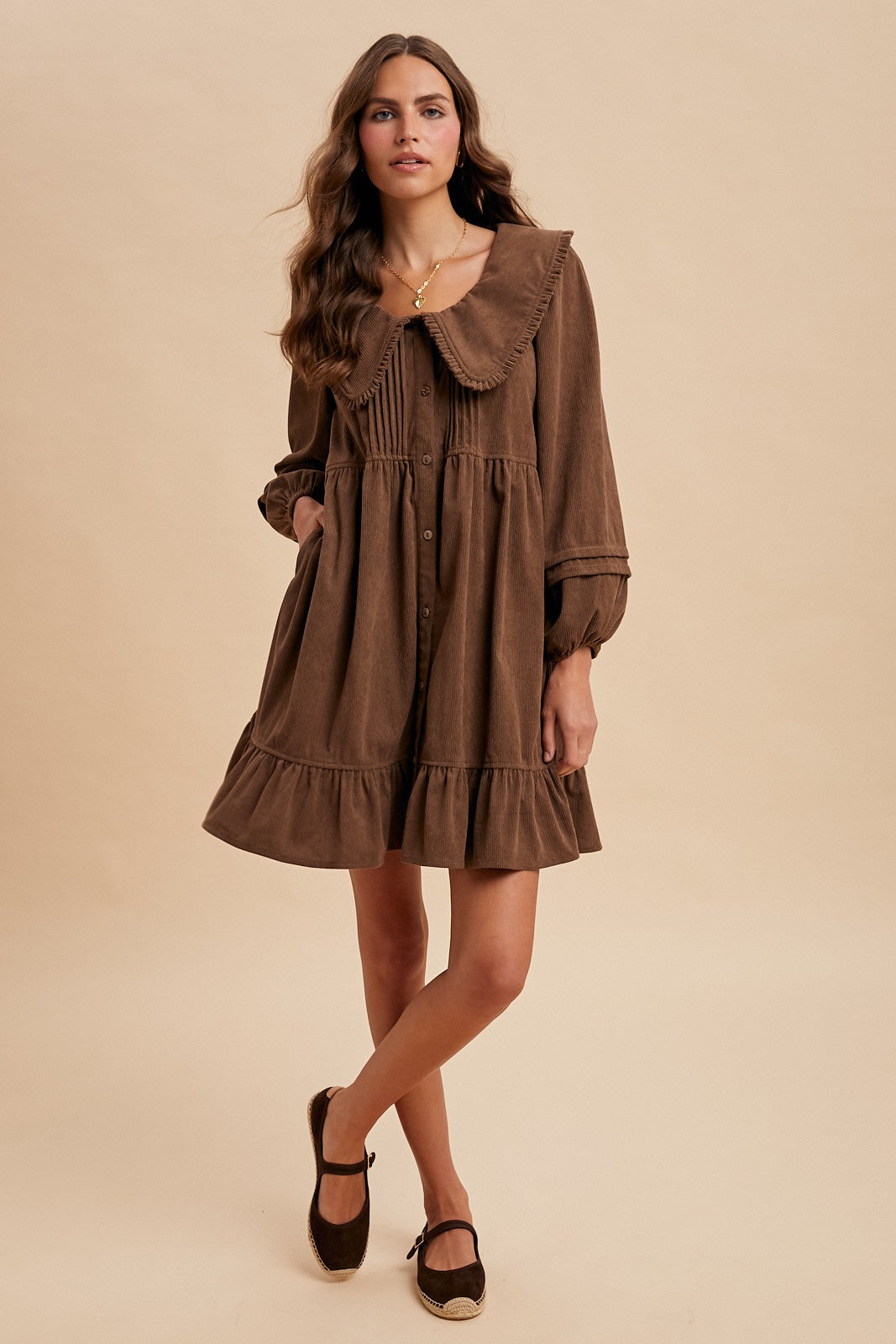 Corduroy Wide Collar Babydoll Mini Dress - Brown