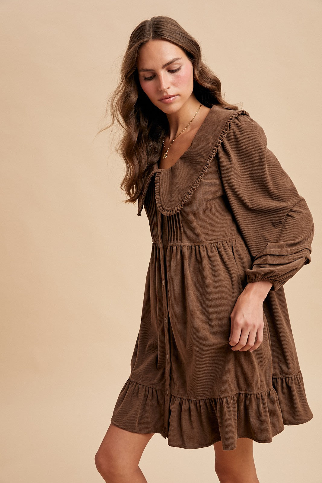 Corduroy Wide Collar Babydoll Mini Dress - Brown