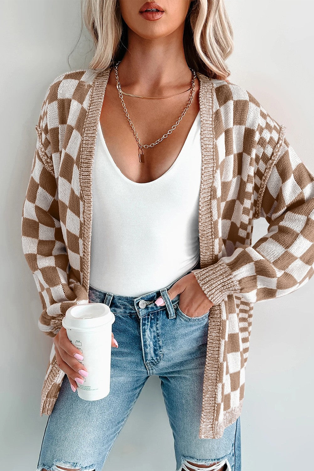 Checkerboard Open Front Cardigan