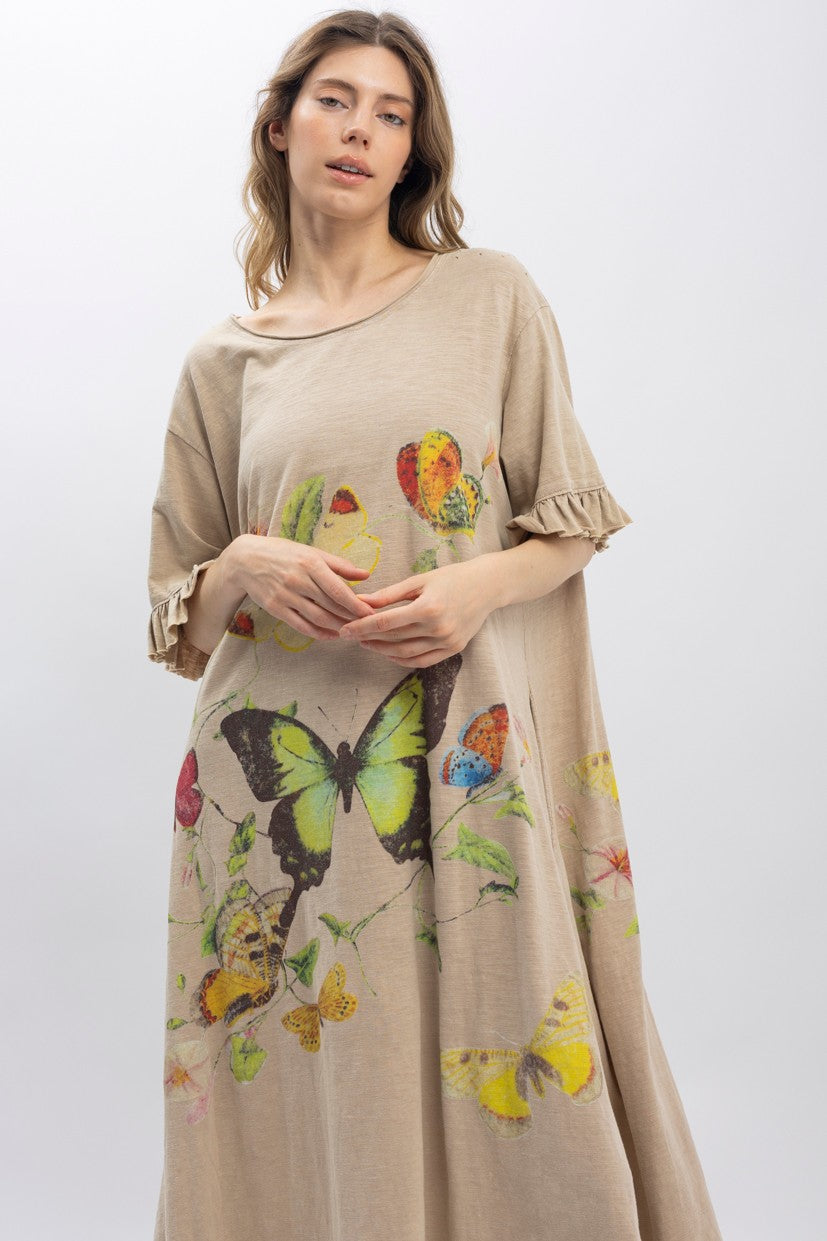 Butterfly Print Short Sleeve Tee Shirt Dress - Tan