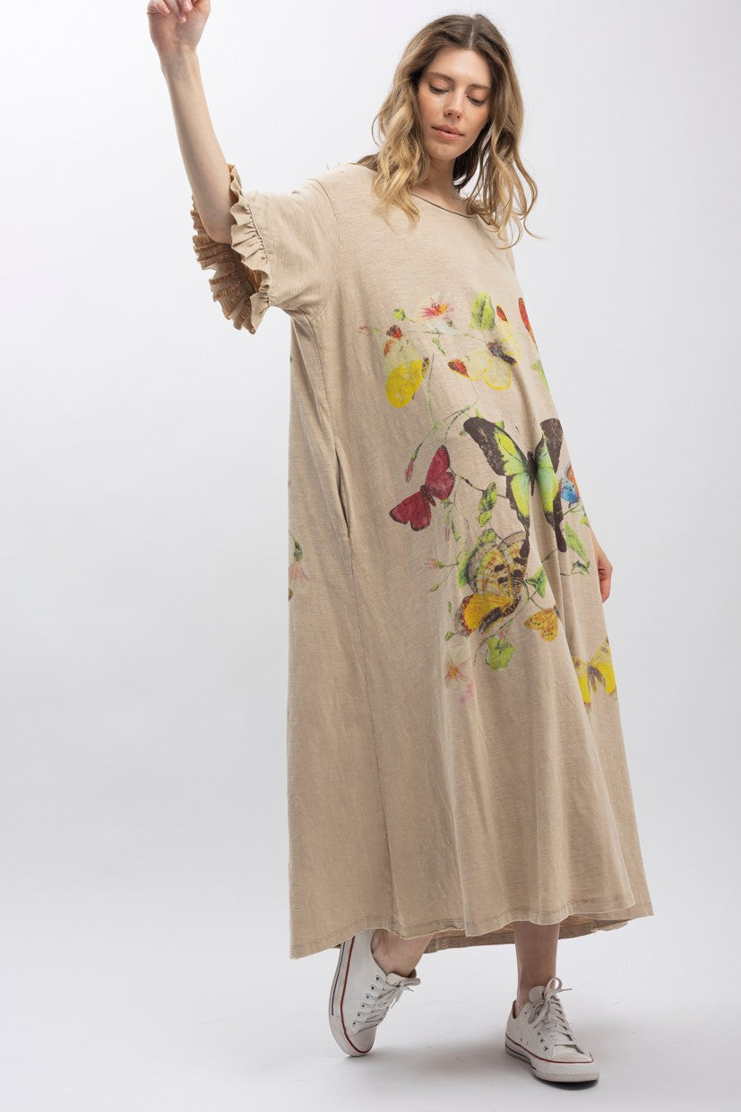 Butterfly Print Short Sleeve Tee Shirt Dress - Tan