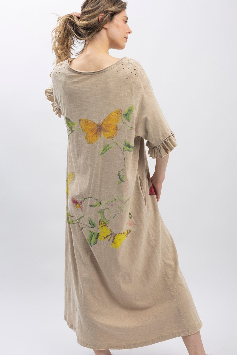 Butterfly Print Short Sleeve Tee Shirt Dress - Tan