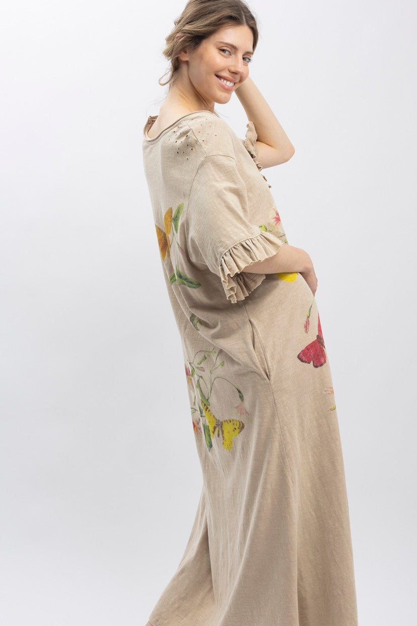 Butterfly Print Short Sleeve Tee Shirt Dress - Tan