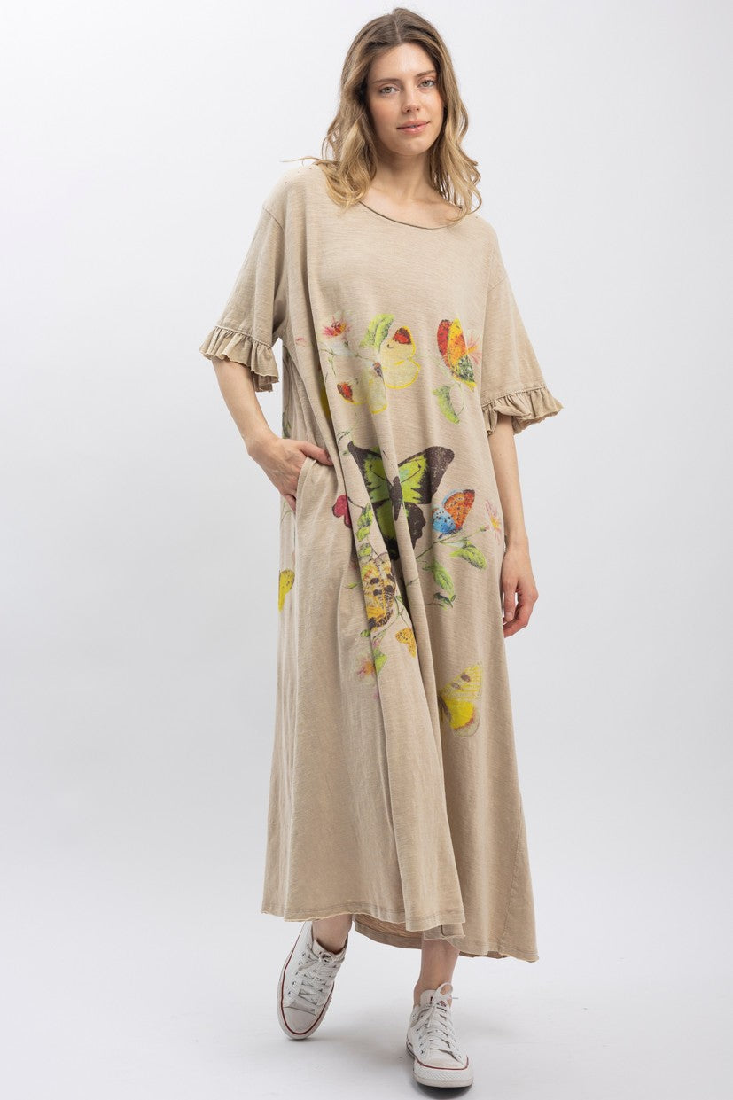 Butterfly Print Short Sleeve Tee Shirt Dress - Tan