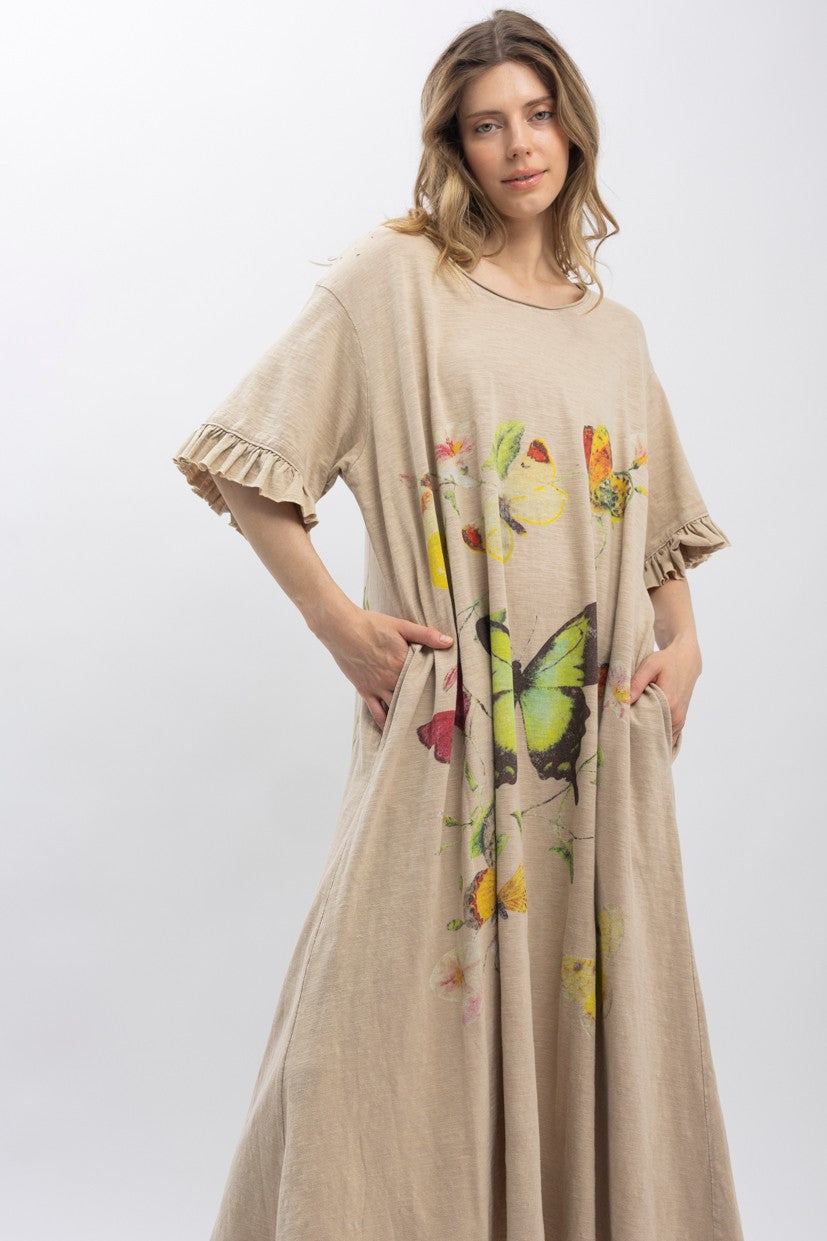 Butterfly Print Short Sleeve Tee Shirt Dress - Tan
