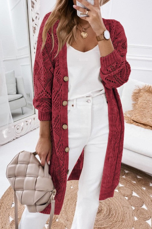 Hollow-out Openwork Knit Cardigan - Red