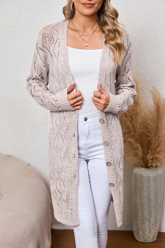Hollow-out Openwork Knit Cardigan - Khaki