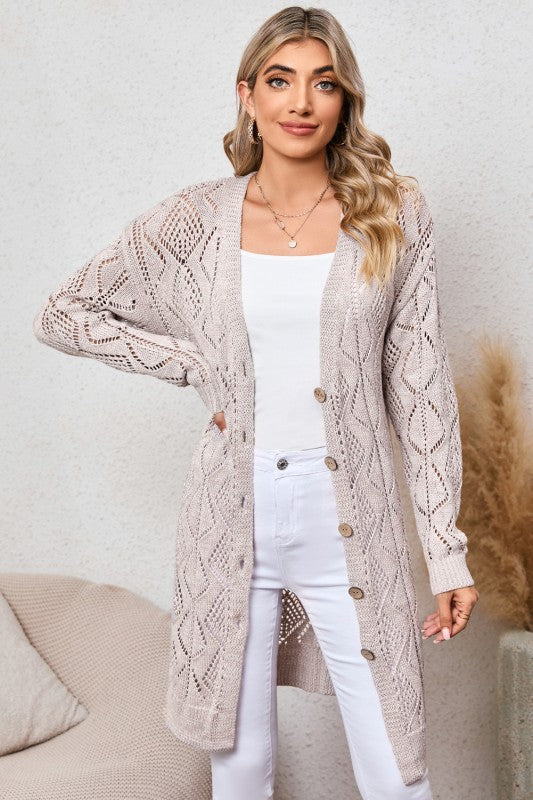 Hollow-out Openwork Knit Cardigan - Khaki