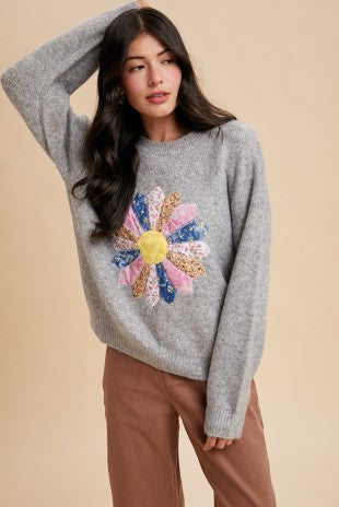 Flower Applique Wool Blend Sweater