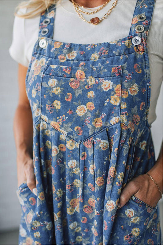 Vintage Rose Pleated Loose Denim Overall Jumpsuit