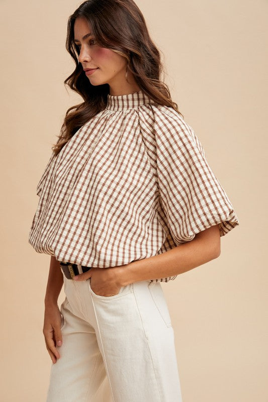 Checker Back Bow Detail Bubble Blouse - Brown