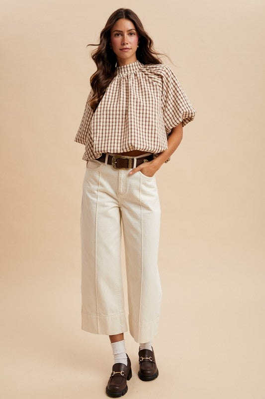 Checker Back Bow Detail Bubble Blouse - Brown