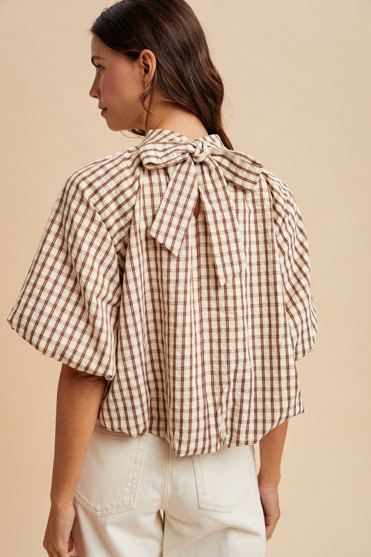 Checker Back Bow Detail Bubble Blouse - Brown