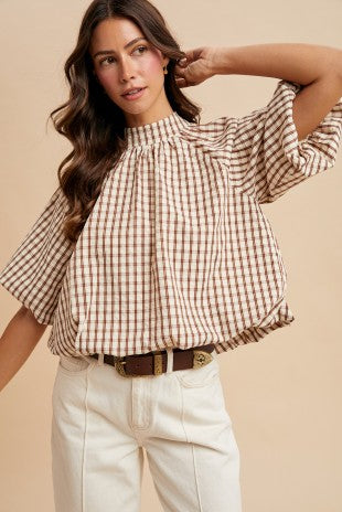 Checker Back Bow Detail Bubble Blouse - Brown