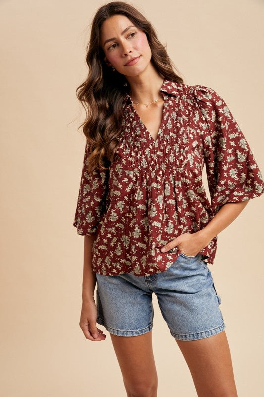 Floral Smocking Balloon Sleeve Blouse