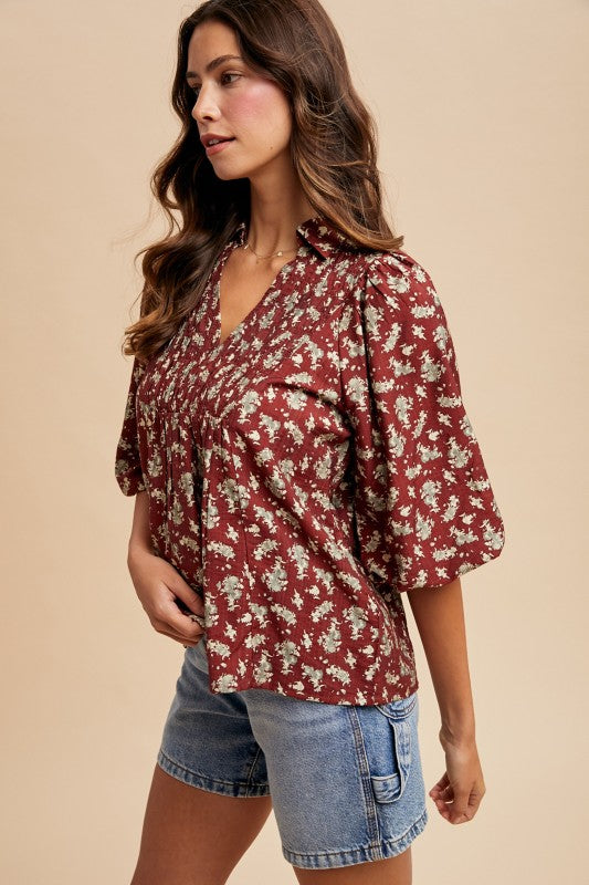 Floral Smocking Balloon Sleeve Blouse