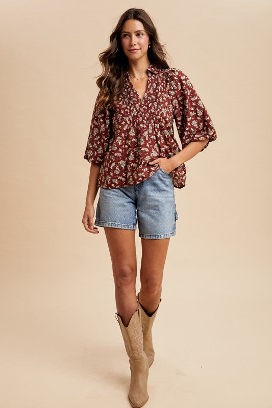 Floral Smocking Balloon Sleeve Blouse