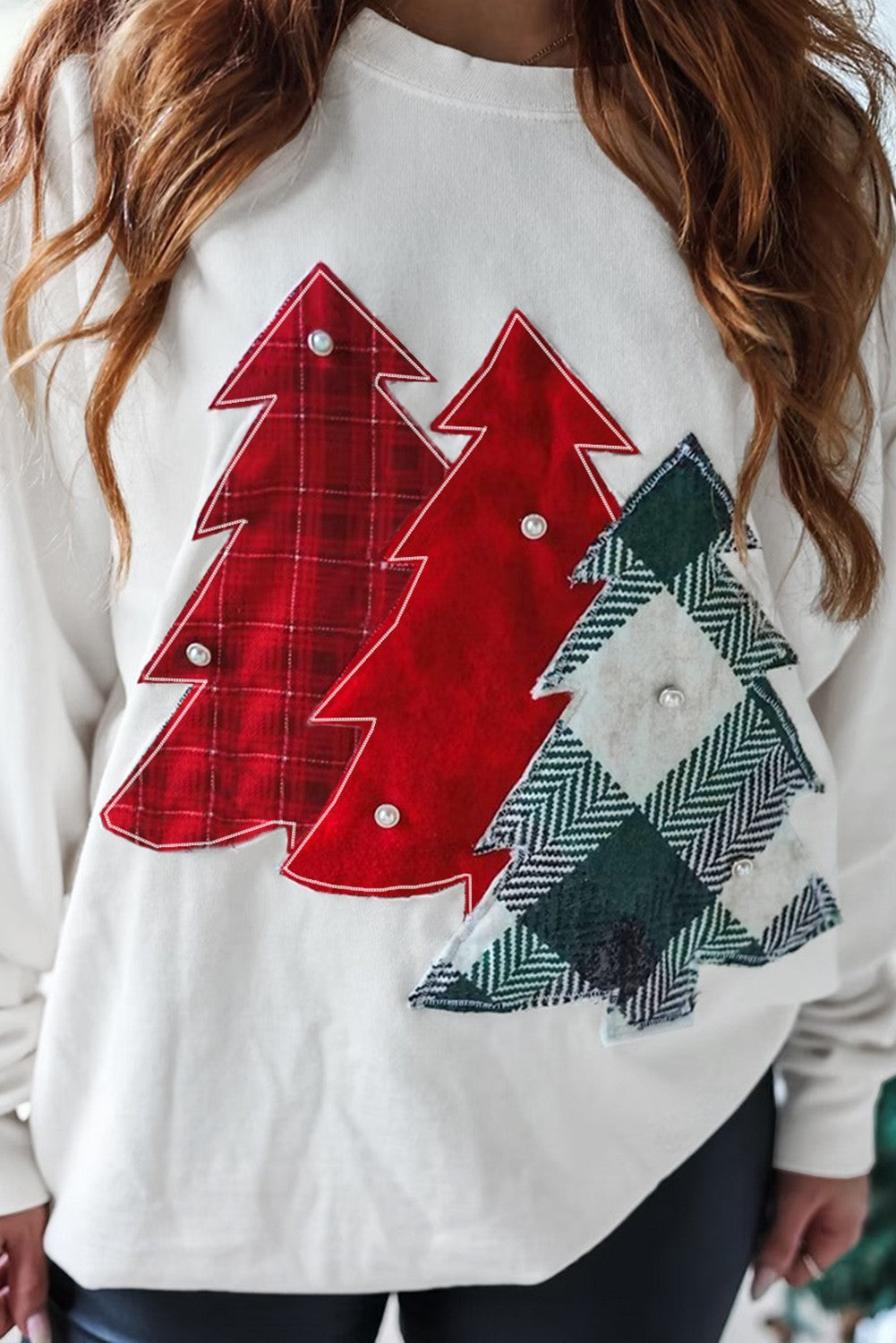 Pearl Plaid Christmas Tree Patched Sweatshirt