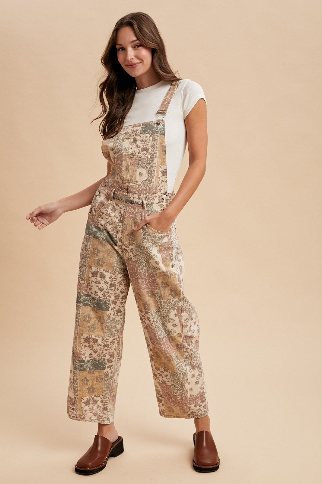 Washed Vintage Boho Print Twill Denim Overall