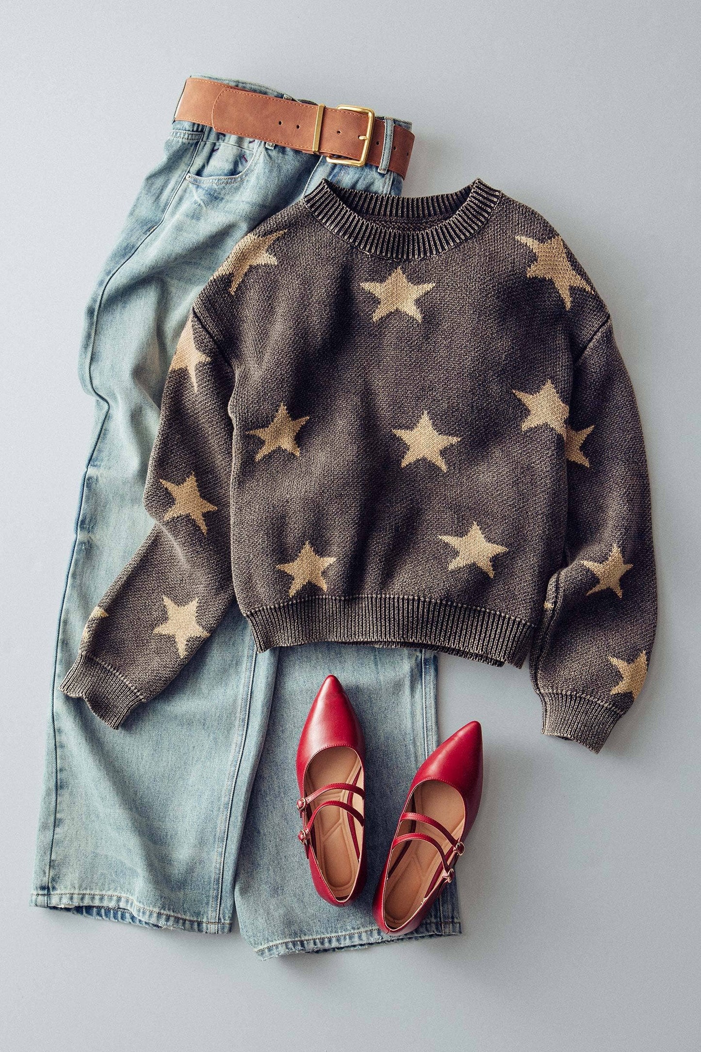 Mineral-Wash Star Motif Knit Sweater