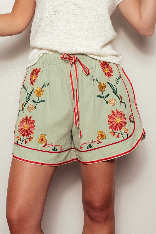 Wildflower Embroidered Linen Shorts - Sage