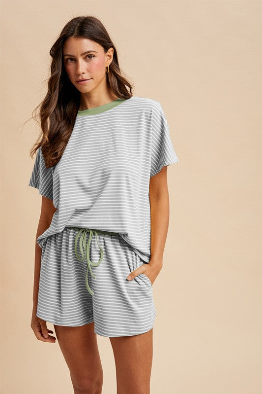 Loose Fit Striped Knit Top & Shorts Casual Set (Sold Separately) - Grey/Soft Olive