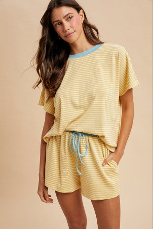 Loose Fit Striped Knit Top & Shorts Casual Set (Sold Separately) - Butter/Sky