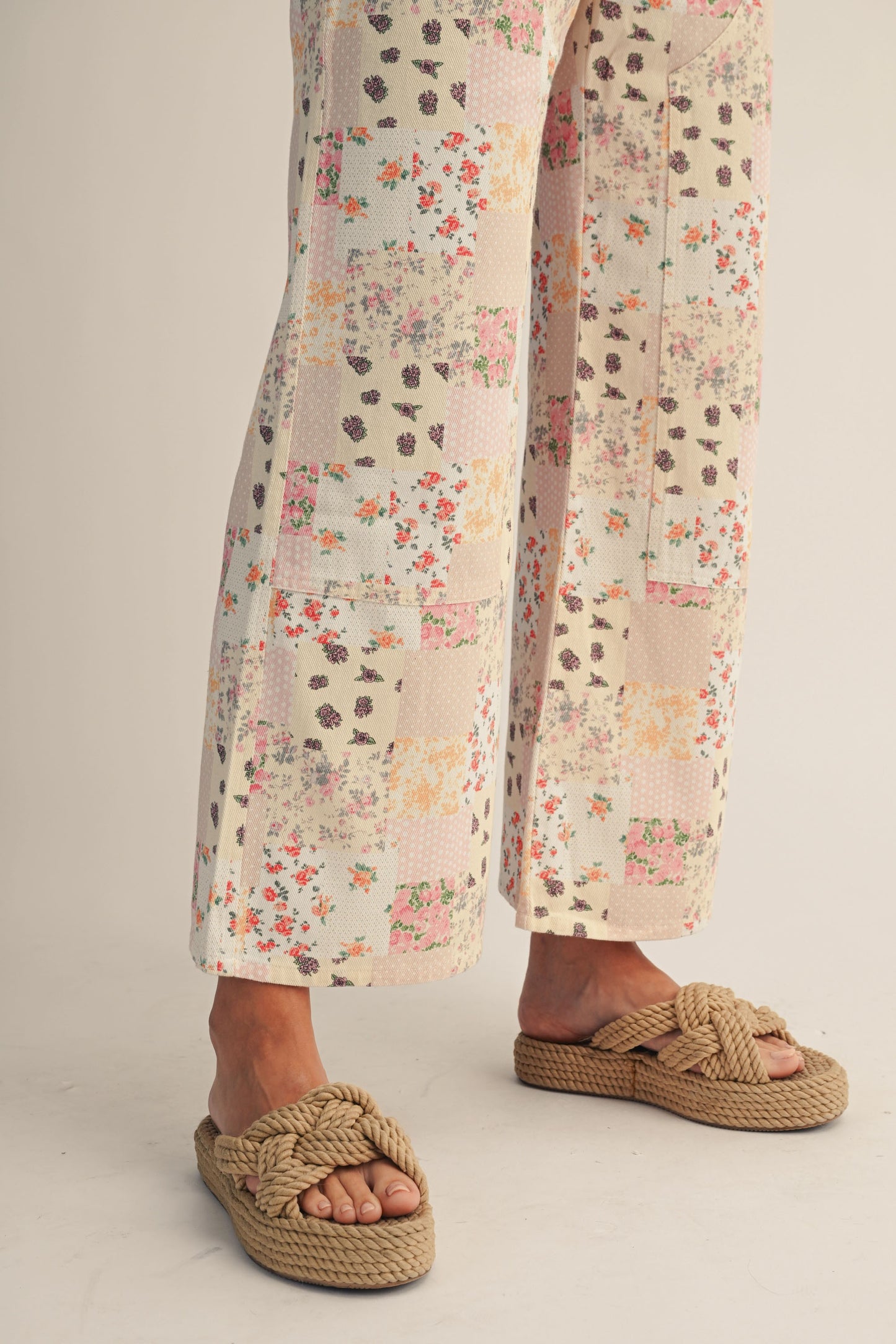 Vintage Pastel Floral Patchwork Wide Leg Pants