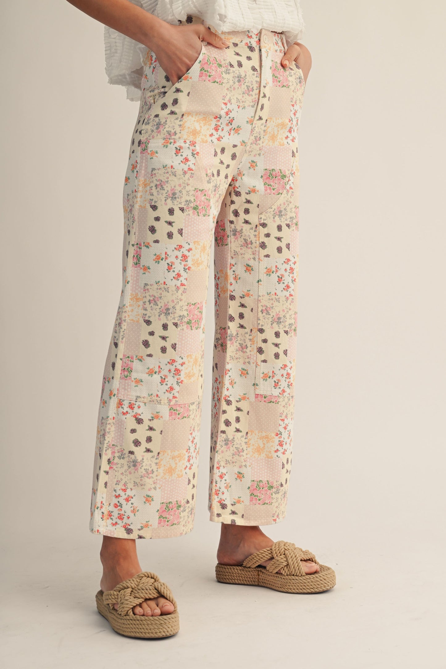 Vintage Pastel Floral Patchwork Wide Leg Pants