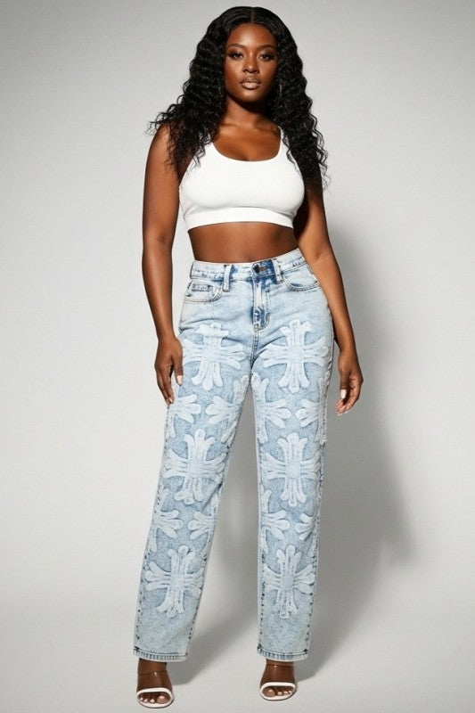 High Rise Front Cross Applique Light Blue Jeans