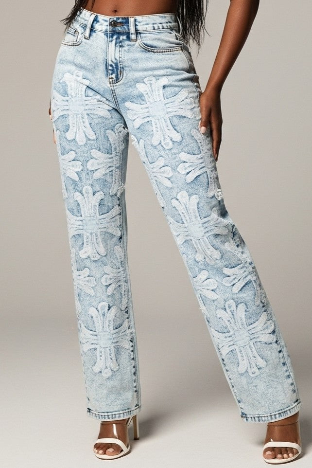 High Rise Front Cross Applique Light Blue Jeans