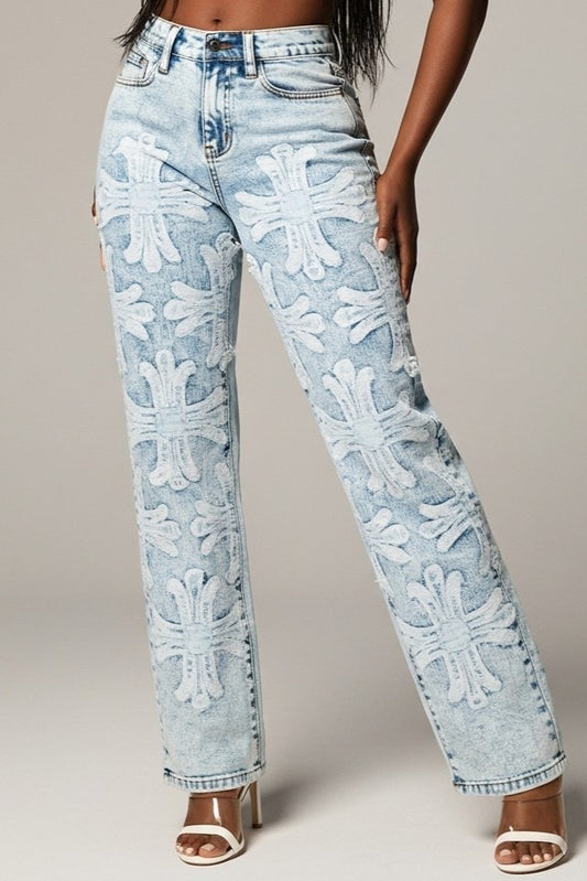 High Rise Front Cross Applique Light Blue Jeans