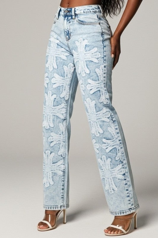 High Rise Front Cross Applique Light Blue Jeans