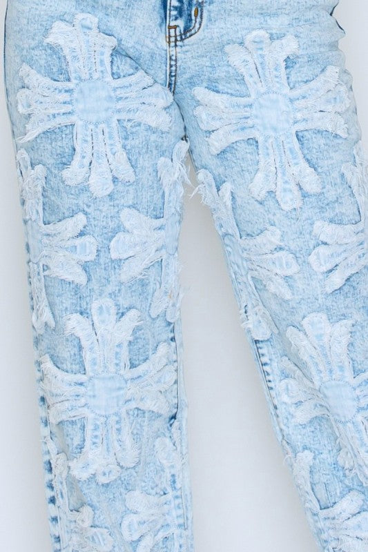 High Rise Front Cross Applique Light Blue Jeans