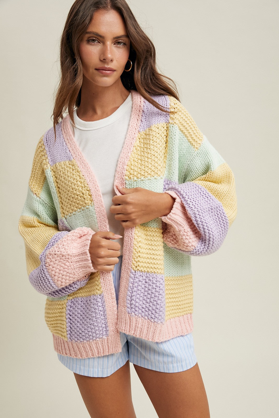 Colorblock Quilted Sweater Knit Cardigan