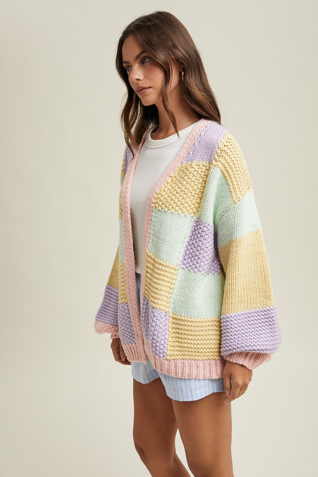 Colorblock Quilted Sweater Knit Cardigan