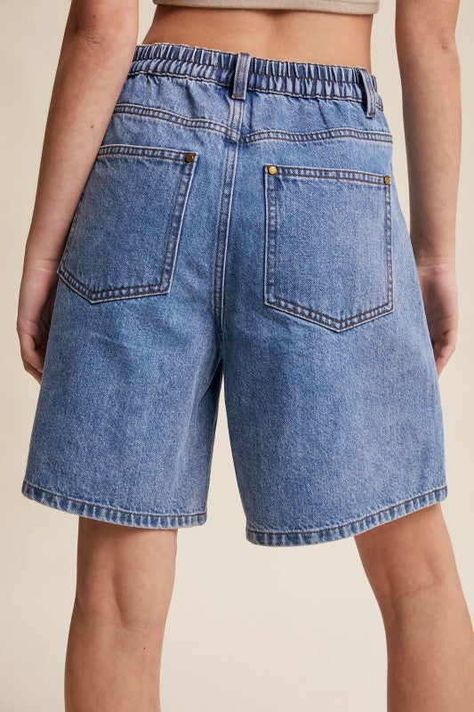 Pleated High-rise Denim Shorts